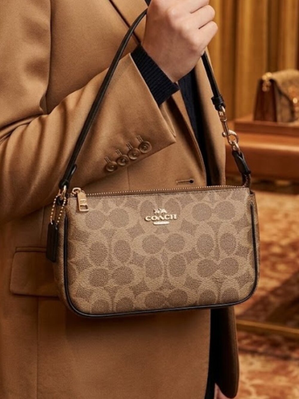 Coach Small Signature Canvas Shoulder Bag in Tan and Black